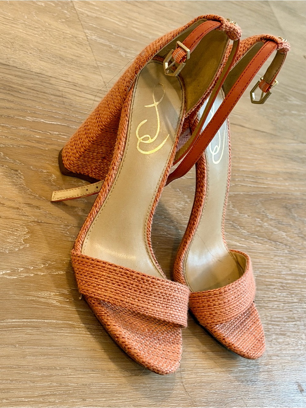 Sam Edelman Yaro Coral Raffia Ankle Strap Block Heels